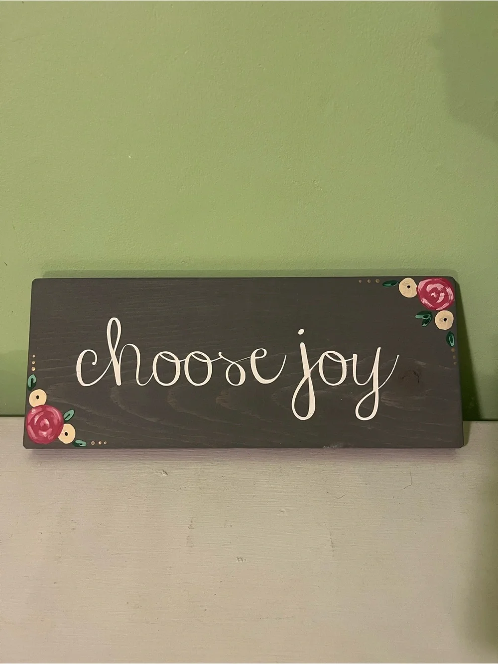 Hand Painted “Choose Joy” Gray Wall Sign with Pink Floral Accents